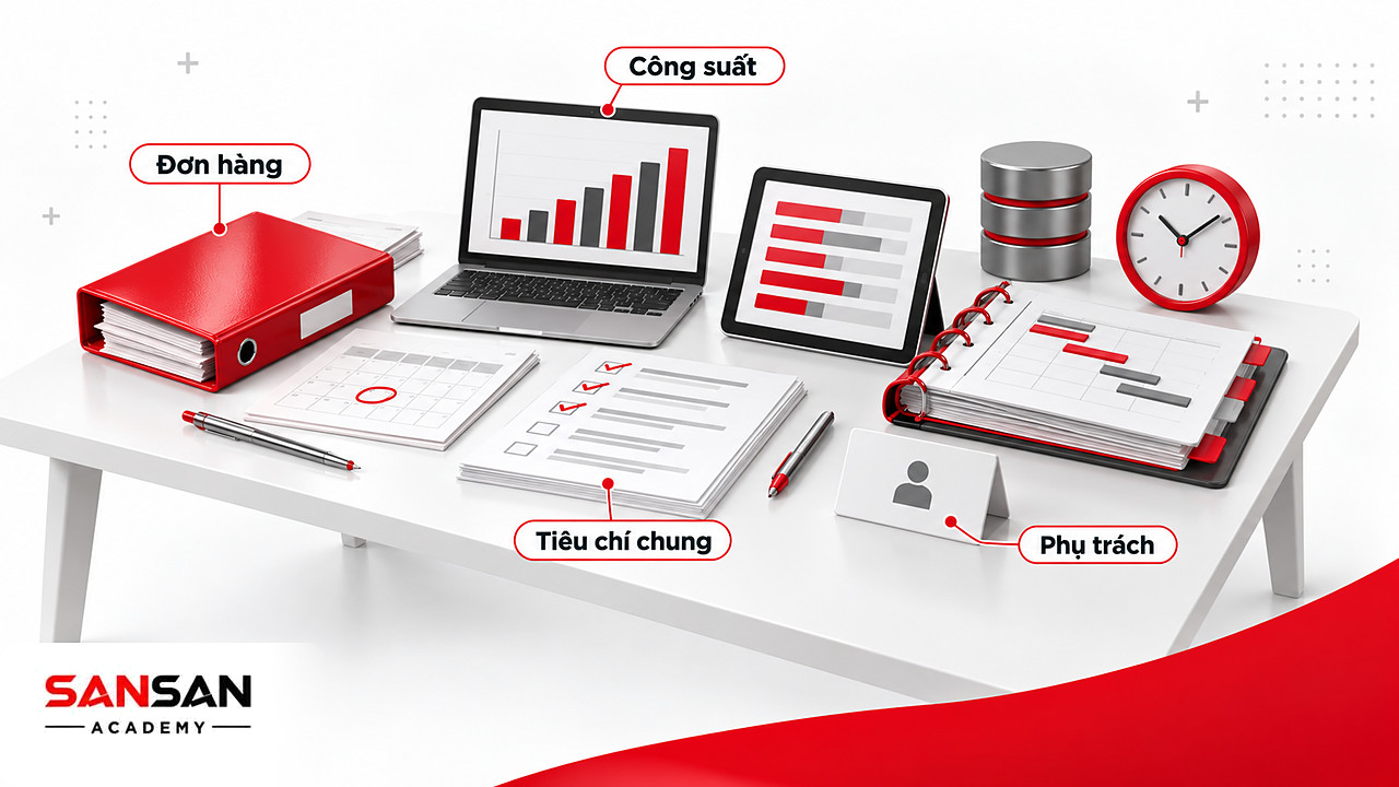 Bàn họp có hồ sơ đơn hàng, kế hoạch sản xuất, laptop công suất và bảng tiêu chí trong hành vi tổ chức