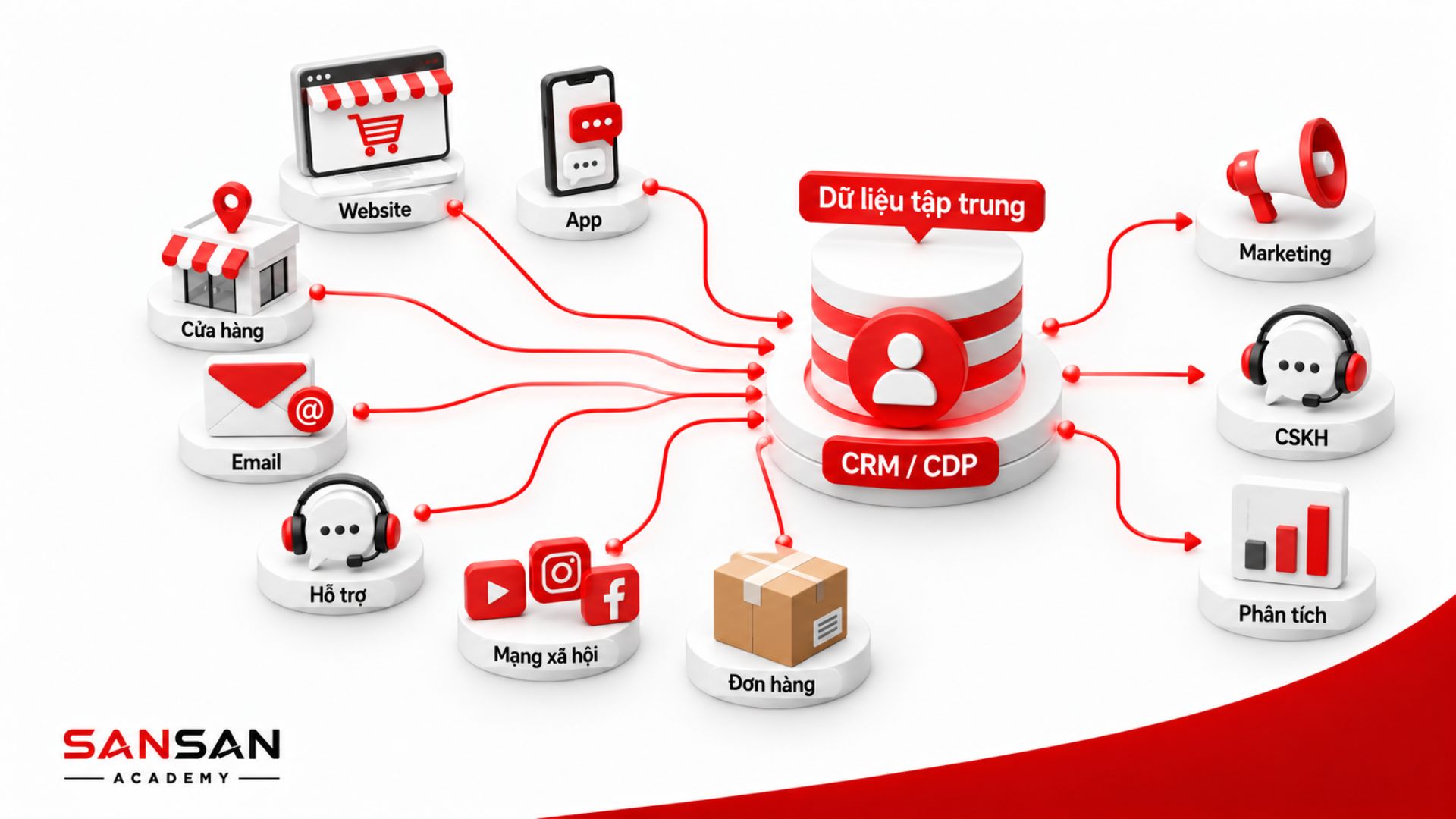 Hệ thống CRM hoặc CDP tập trung dữ liệu khách hàng từ Website, App, Email, mạng xã hội, đơn hàng, cửa hàng và hỗ trợ.