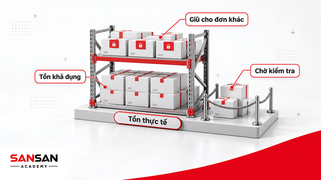 Kệ kho phân biệt hàng giữ cho đơn khác, hàng chờ kiểm tra và tồn khả dụng trong hệ thống ERP
