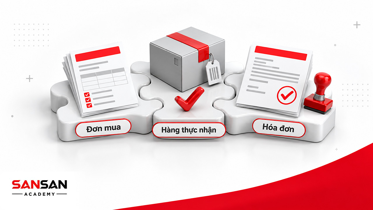 Ba mảnh ghép đơn mua, hàng thực nhận và hóa đơn khớp nhau trong phân hệ mua hàng của hệ thống ERP