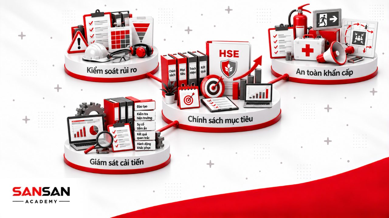 Hệ thống quản lý HSE gồm chính sách, đánh giá rủi ro, quy trình an toàn, ứng phó khẩn cấp, đào tạo và giám sát cải tiến.