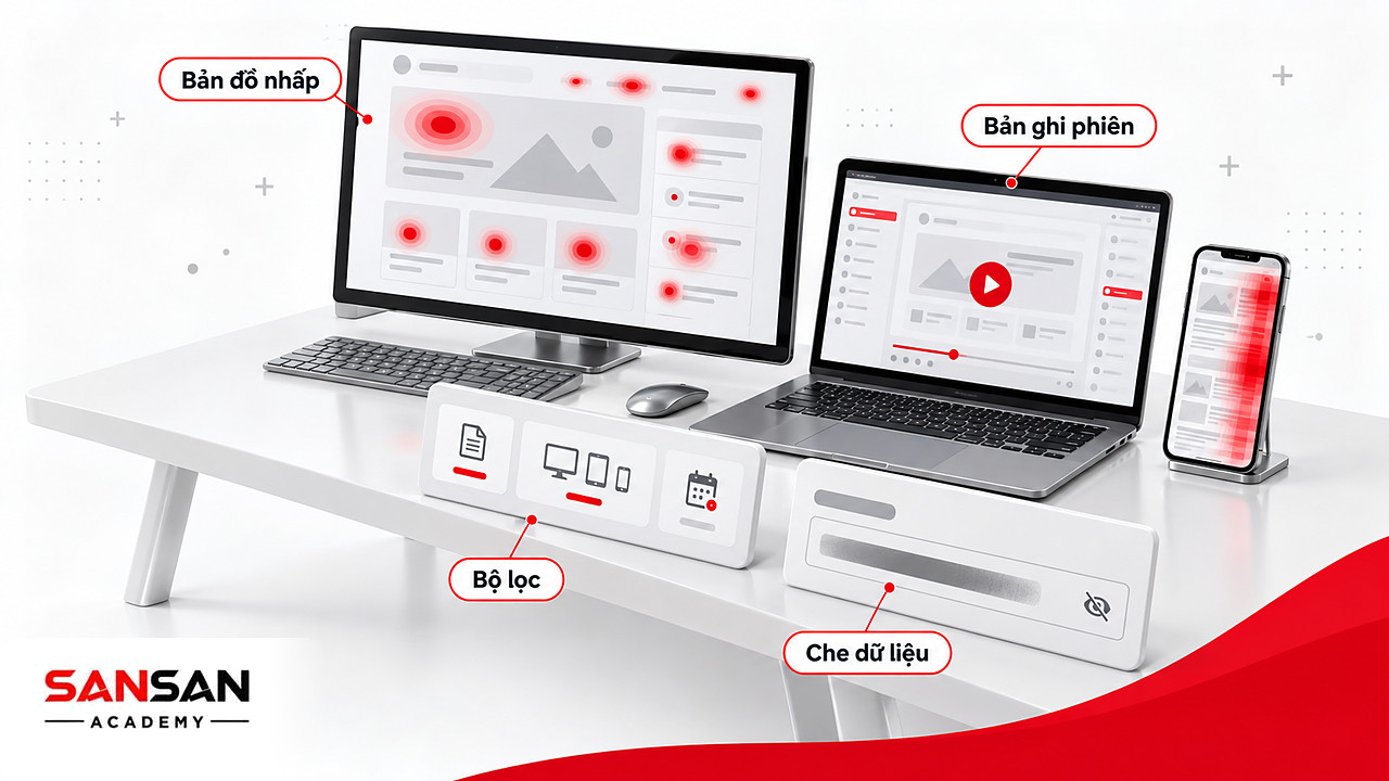 Bàn làm việc có màn hình heatmap nhấp, laptop phát bản ghi phiên và bộ lọc theo trang, thiết bị, thời gian