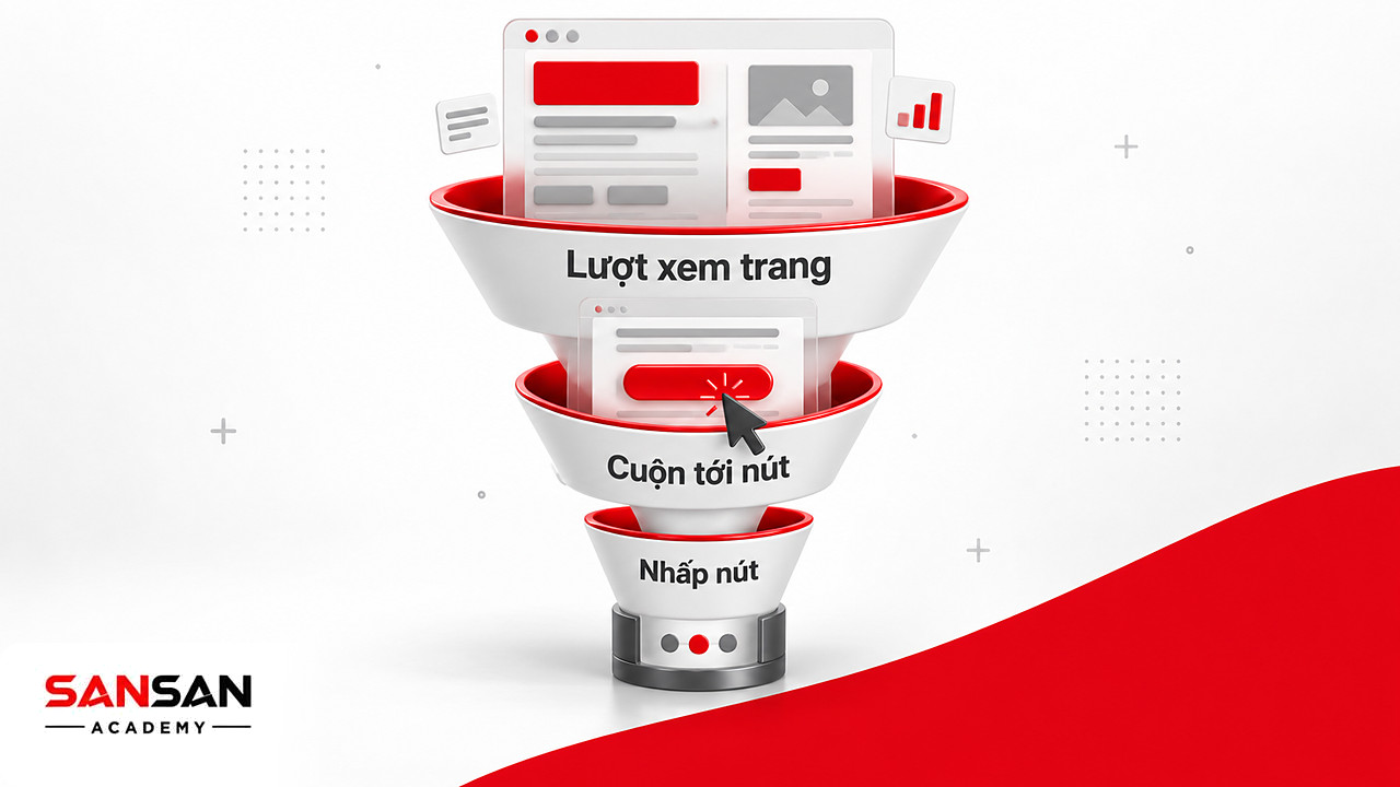 Phễu ba tầng dùng heatmap cuộn và nhấp để đo số người cuộn tới, nhìn thấy và bấm vào nút CTA