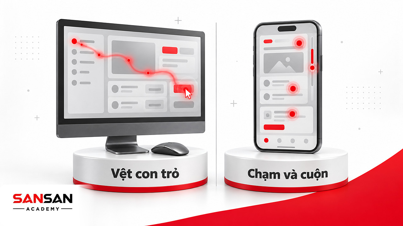 So sánh màn hình máy tính có vệt heatmap con trỏ chuột với điện thoại hiển thị điểm chạm và thanh cuộn