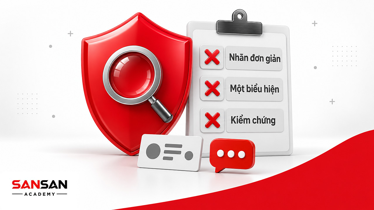 Khiên đỏ và danh sách kiểm tra các hiểu lầm về EQ và IQ như gắn nhãn đơn giản hay đánh giá qua một biểu hiện.