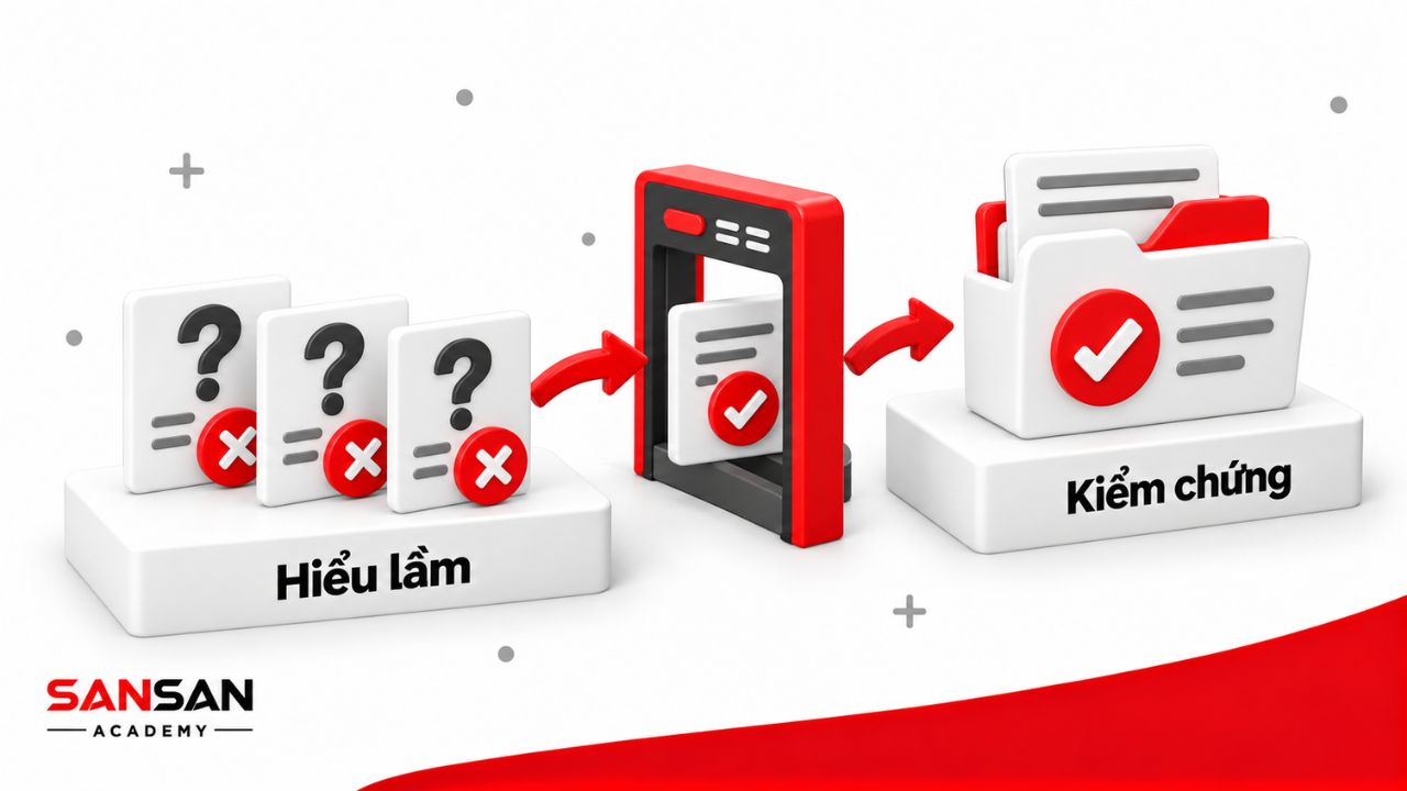 Infographic 3D với các thẻ dấu hỏi đi qua cổng kiểm chứng, minh họa việc nhận diện hiểu lầm về khởi nghiệp.