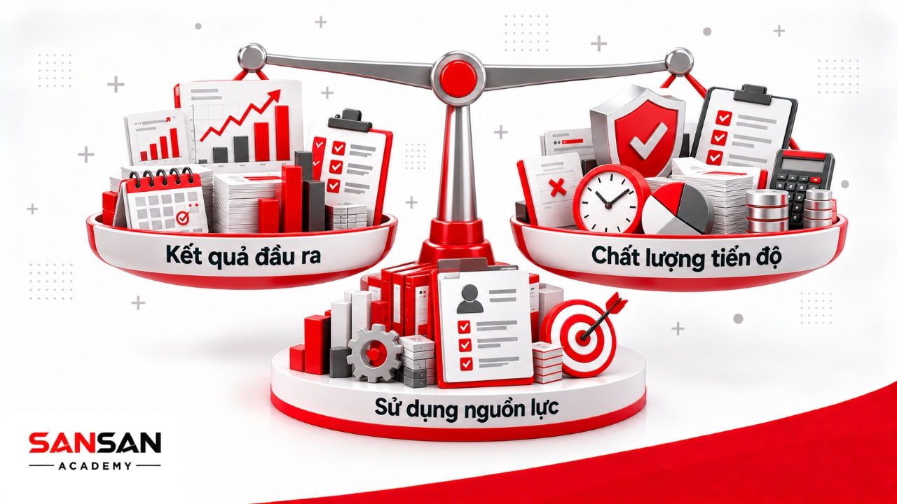 Hiệu suất công việc cân bằng số lượng đầu ra với chất lượng, tiến độ và mức sử dụng thời gian chi phí nguồn lực.