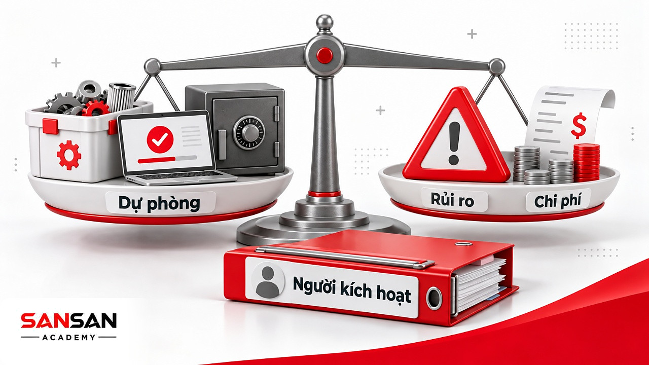 Cán cân giữa hộp vật tư, laptop dự phòng, két tiền với tam giác cảnh báo rủi ro và hóa đơn chi phí duy trì