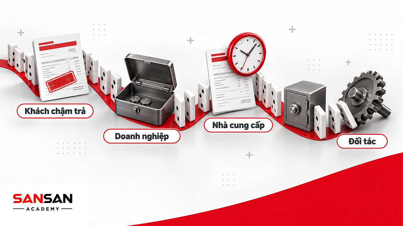 Chuỗi domino nối hóa đơn chưa trả, hộp tiền gần cạn, đơn mua nguyên liệu tạm dừng và bánh răng đối tác nghiêng