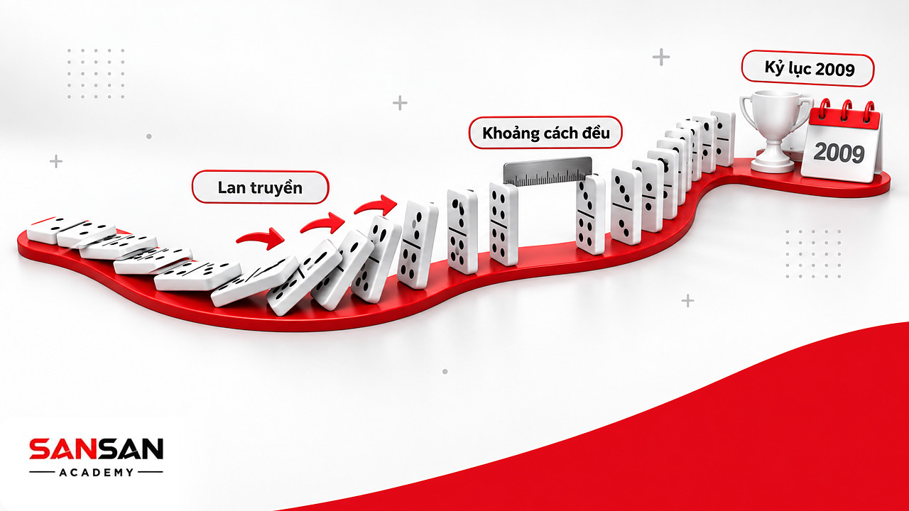 Hàng domino uốn lượn đổ lần lượt, thước đo khoảng cách đều và cúp kỷ lục năm 2009, hình ảnh gốc của hiệu ứng domino