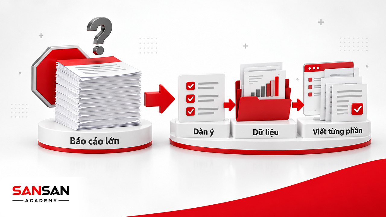 Bên trước khối báo cáo lớn trước biển dừng, bên sau ba thẻ dàn ý, dữ liệu và bản nháp nối bằng mũi tên đỏ