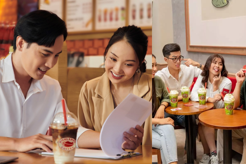 Nhóm khách hàng trẻ gặp gỡ và làm việc tại Highlands Coffee, minh họa Customer Persona của chuỗi cà phê