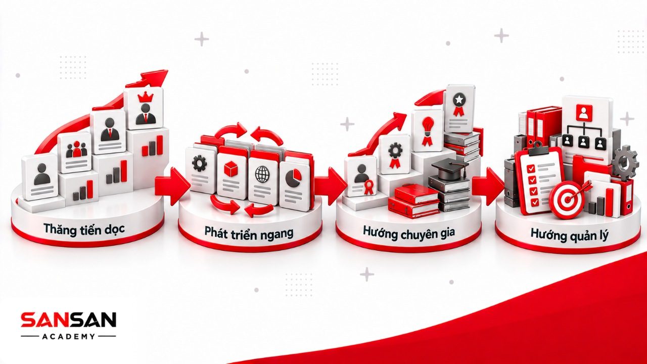 Các hình thức trong lộ trình thăng tiến gồm đi lên theo cấp bậc, phát triển ngang, hướng chuyên gia và chuyển sang quản lý.