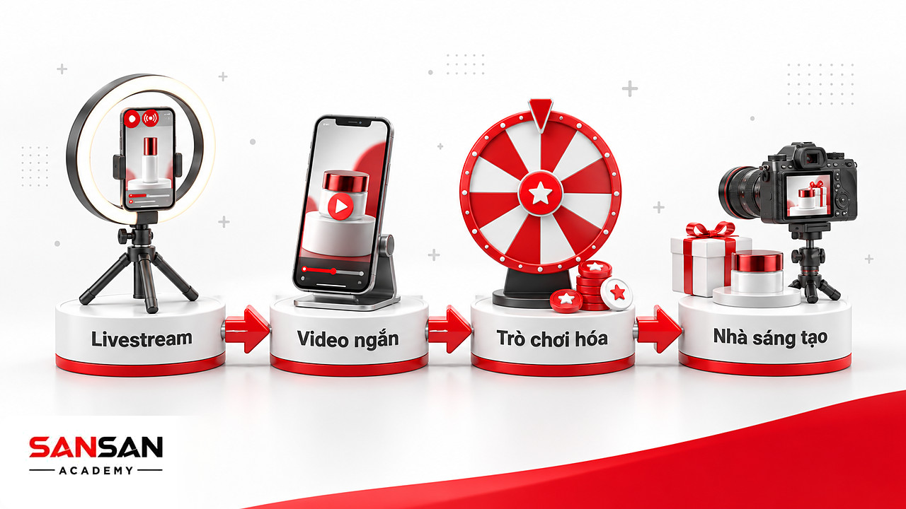 Bốn bệ hình thức shoppertainment gồm livestream, video ngắn, vòng quay trò chơi và góc review của nhà sáng tạo