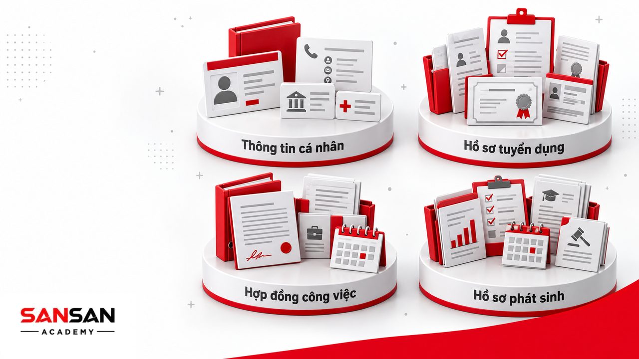Hồ sơ nhân sự gồm thông tin cá nhân, tuyển dụng, bằng cấp, hợp đồng lao động và các tài liệu phát sinh trong quá trình làm việc.
