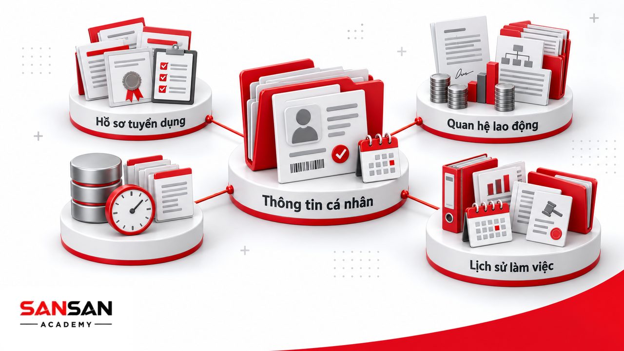 Hồ sơ nhân sự gồm thông tin cá nhân, hồ sơ tuyển dụng, hợp đồng lao động và các tài liệu phát sinh trong quá trình làm việc.