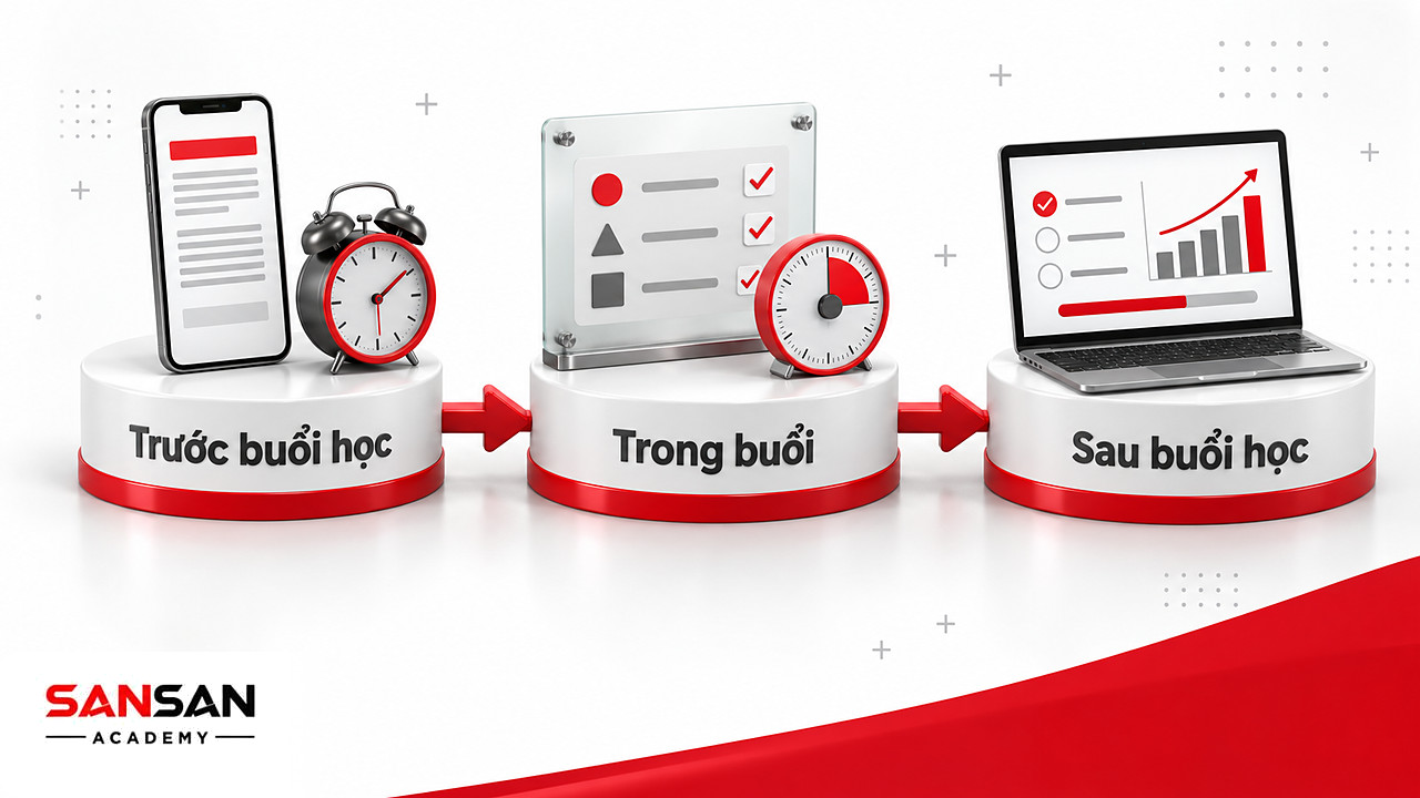Ba bệ đặt điện thoại tài liệu đọc trước, màn hình nhiệm vụ nhóm và laptop bài ôn, ba thời điểm dùng học liệu số