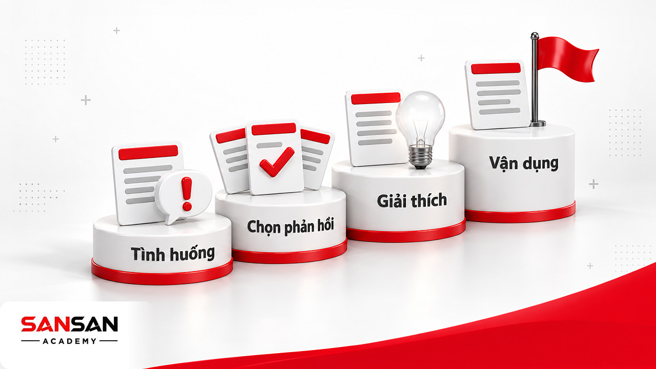 Bốn bậc thang đặt thẻ tình huống khiếu nại, các phương án phản hồi, ghi chú giải thích và một tình huống mới