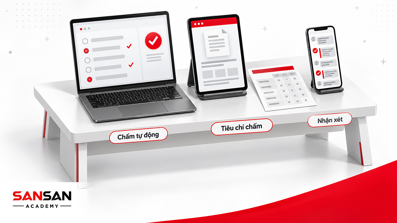 Laptop chấm trắc nghiệm tự động, máy tính bảng kèm bảng tiêu chí chấm và điện thoại hiển thị lời nhận xét