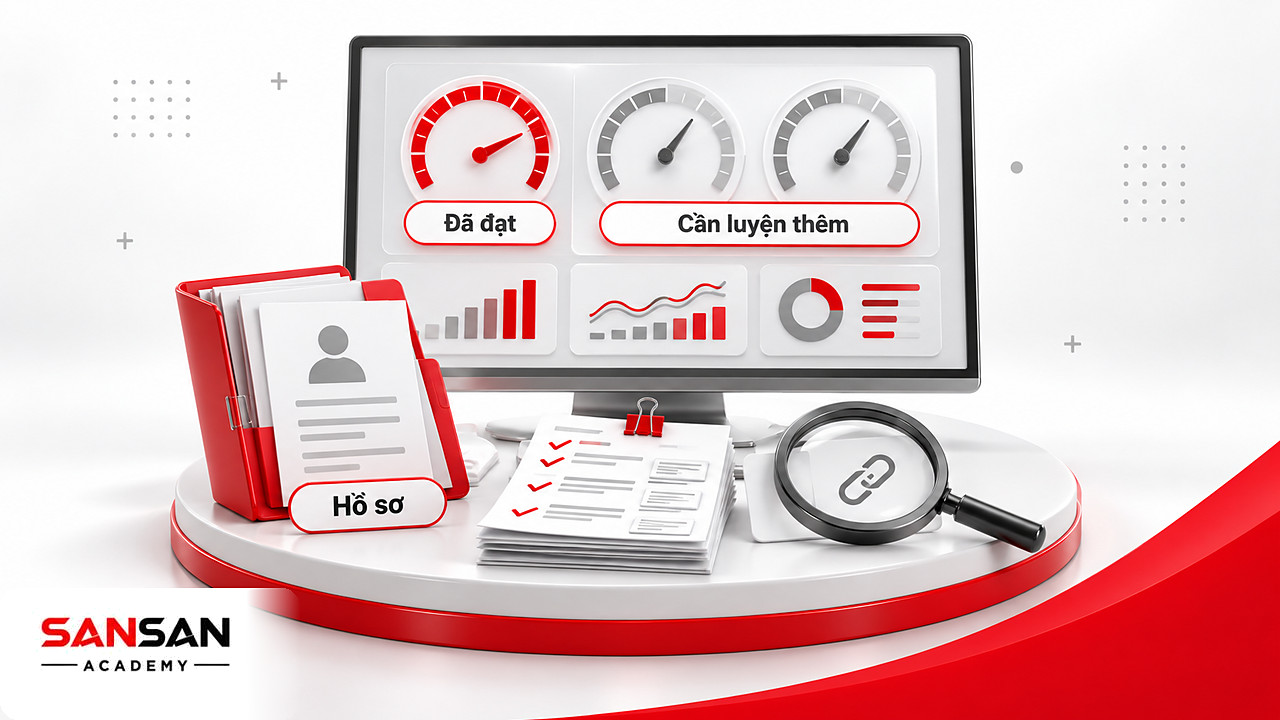 Màn hình ba đồng hồ đo tiến bộ, hồ sơ học tập có biểu tượng avatar và chồng bài làm kèm nhận xét sau buổi học