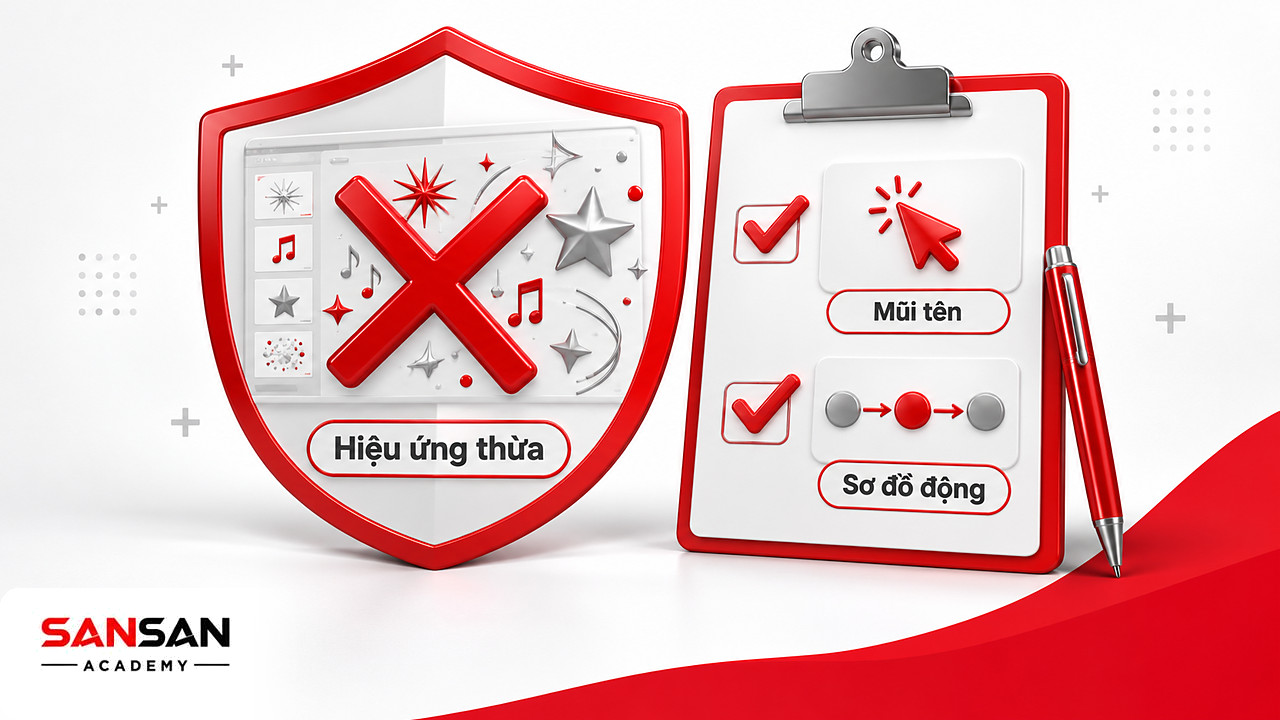 Khiên đỏ cạnh trang chiếu đầy hiệu ứng bị gạch chéo và bảng kiểm giữ lại mũi tên thao tác trong học liệu số