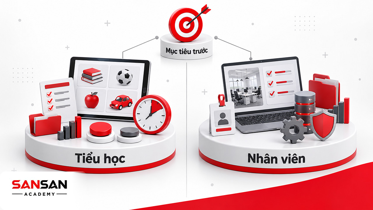 Bia mục tiêu đỏ ở trên, bên trái máy tính bảng thẻ hình cho tiểu học, bên phải laptop tình huống đào tạo nhân viên