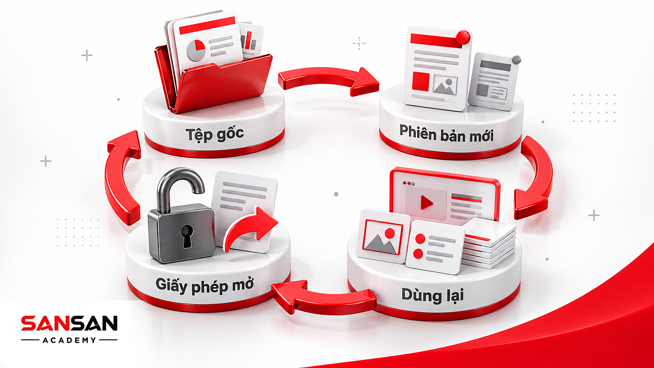 Vòng mũi tên đỏ nối tệp gốc, phiên bản v2, thẻ câu hỏi dùng lại và huy hiệu giấy phép mở của học liệu số