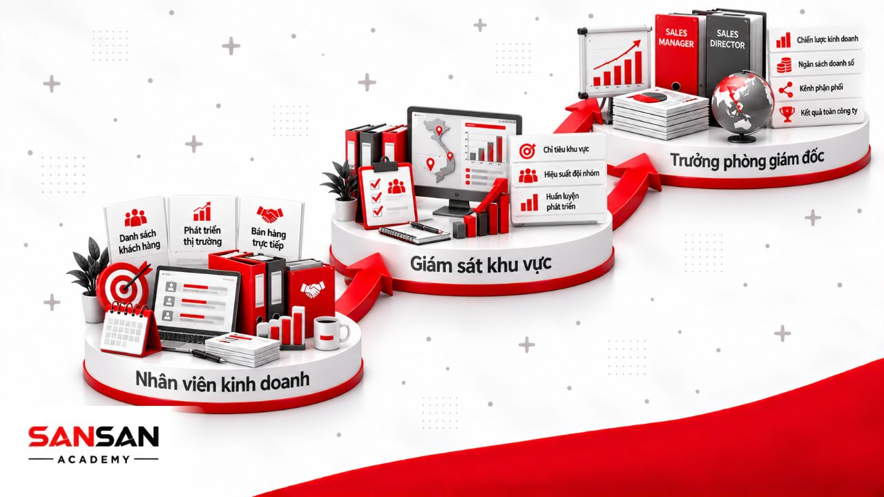 Học quản trị bán hàng có thể phát triển từ nhân viên kinh doanh lên giám sát bán hàng, quản lý khu vực, trưởng phòng và giám đốc kinh doanh.