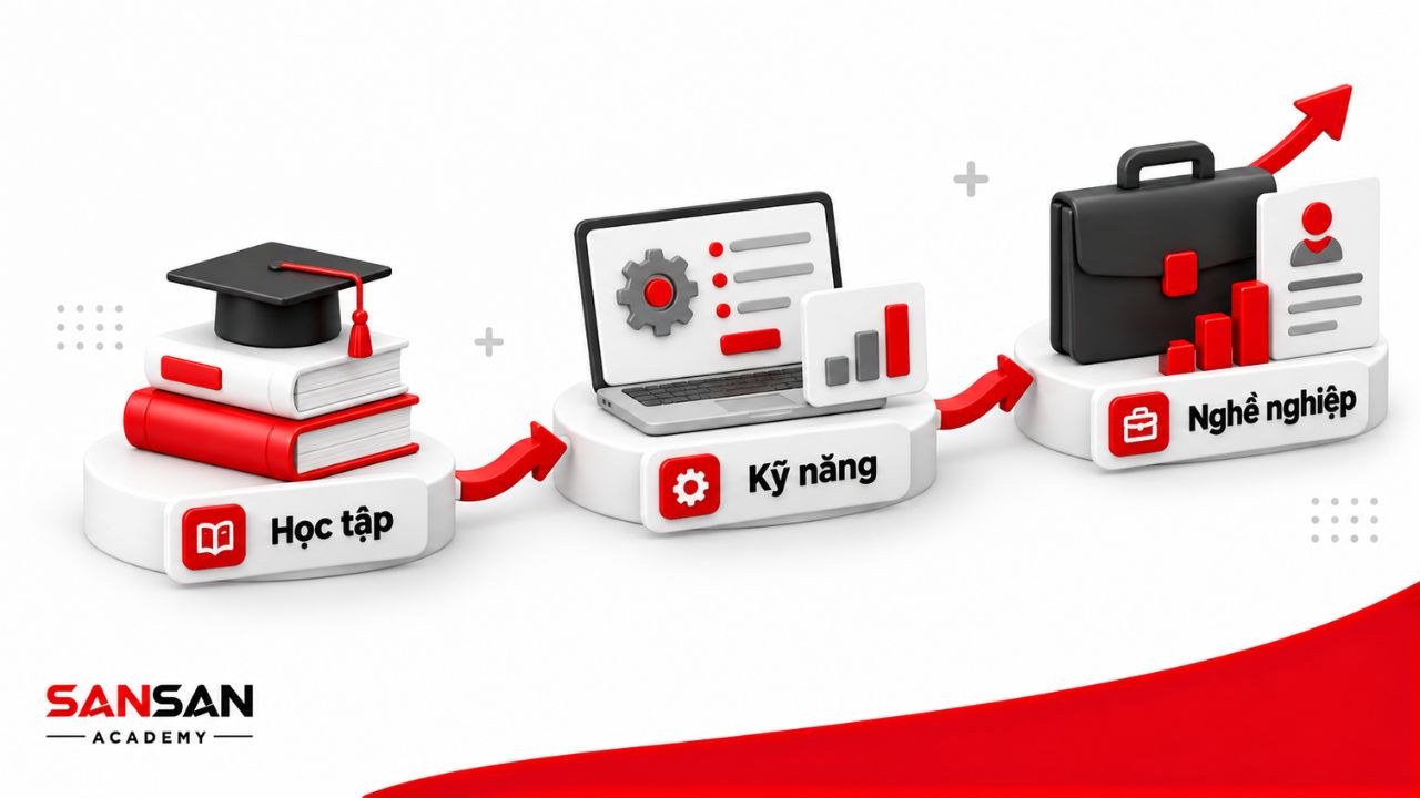 Lộ trình từ học tập, rèn luyện kỹ năng đến phát triển nghề nghiệp.
