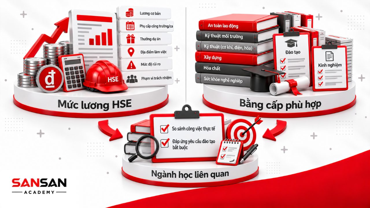 Hỏi đáp HSE về mức lương, bằng cấp và ngành học phù hợp với từng lĩnh vực, mức độ rủi ro và phạm vi trách nhiệm.