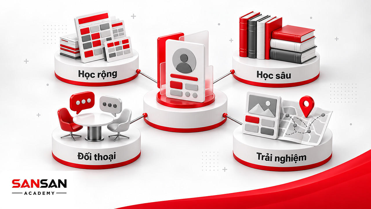 Thẻ người học ở tâm nối bản đồ môn học, sách chuyên sâu, bàn đối thoại và bảng dự án của giáo dục khai phóng