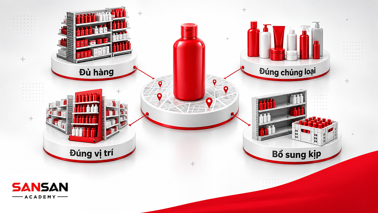 Chai sản phẩm FMCG đặt giữa bản đồ điểm bán, nối tới bốn quầy đủ hàng, đúng chủng loại, đúng kệ và bổ sung kịp