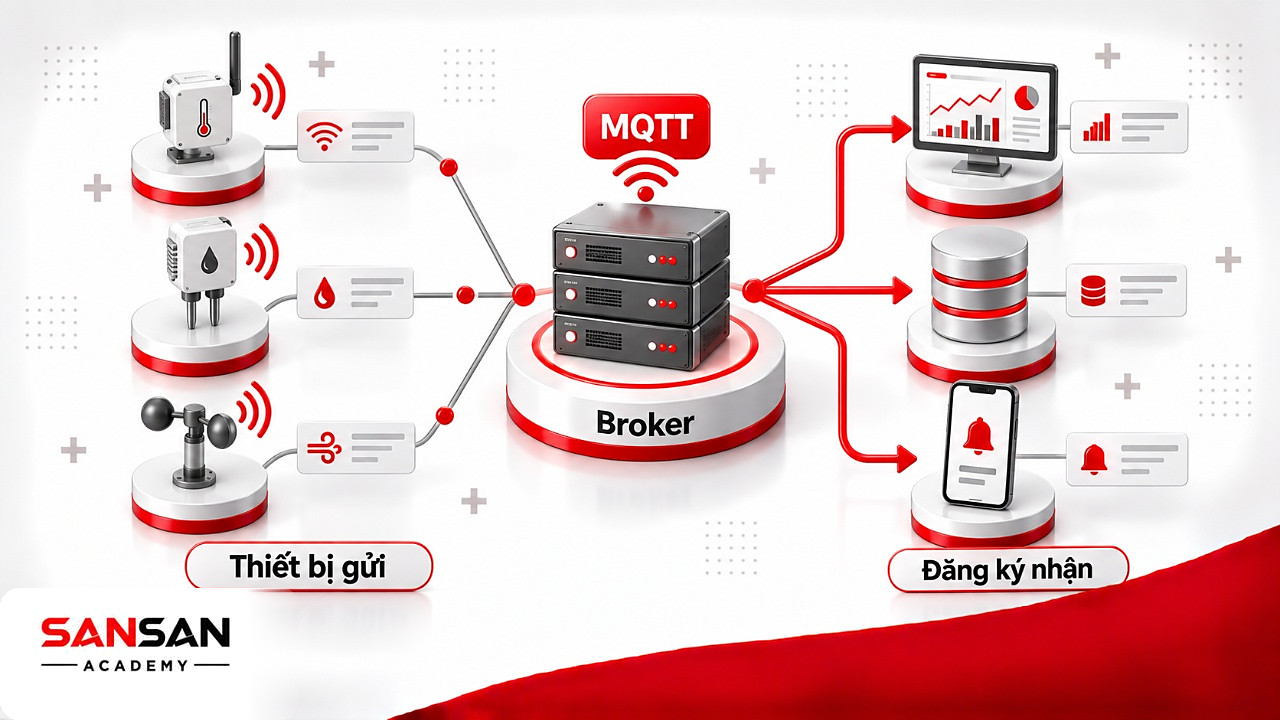 Sơ đồ MQTT trong IoT: cảm biến gửi bản tin về broker rồi broker phát tới bảng điều khiển, cơ sở dữ liệu, điện thoại
