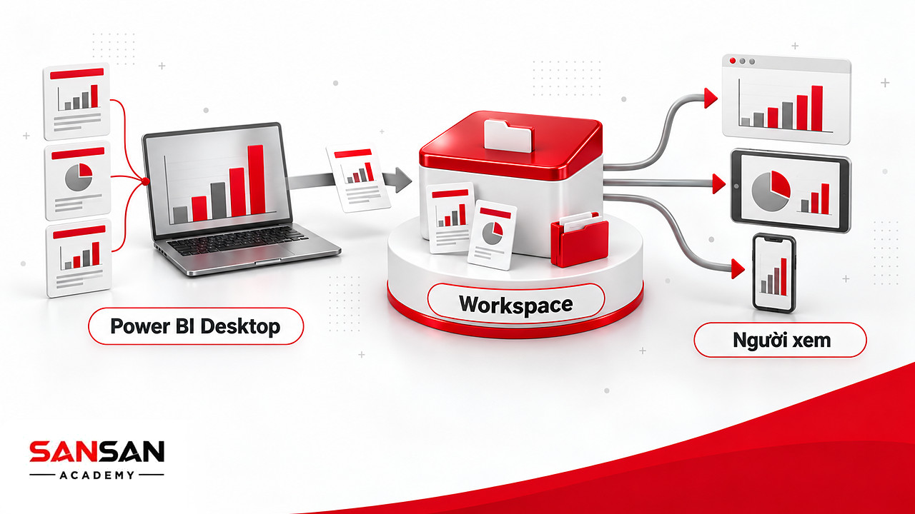 Báo cáo từ Power BI Desktop gom vào workspace rồi phân phối tới trình duyệt, máy tính bảng và điện thoại