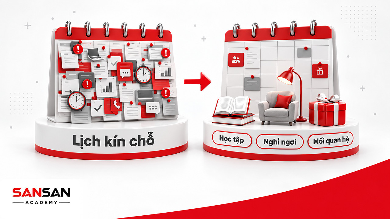 Thực hành JOMO: lịch kín lời mời trước đó và lịch có khoảng riêng cho học tập, nghỉ ngơi, mối quan hệ sau đó.