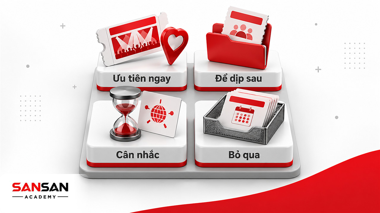 Ma trận JOMO theo mức quan trọng và khả năng lặp lại của cơ hội: ưu tiên ngay, để dịp sau, cân nhắc, bỏ qua.