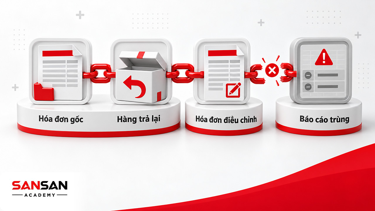 Chuỗi đứt gãy khi hóa đơn điều chỉnh không nối với giao dịch gốc làm sai báo cáo kế toán bán hàng