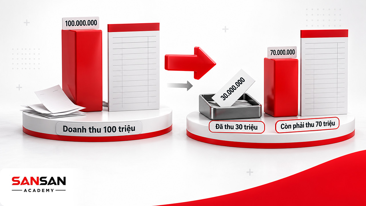 Trước và sau khi khách trả 30 triệu: kế toán bán hàng giữ doanh thu, phải thu giảm còn 70 triệu