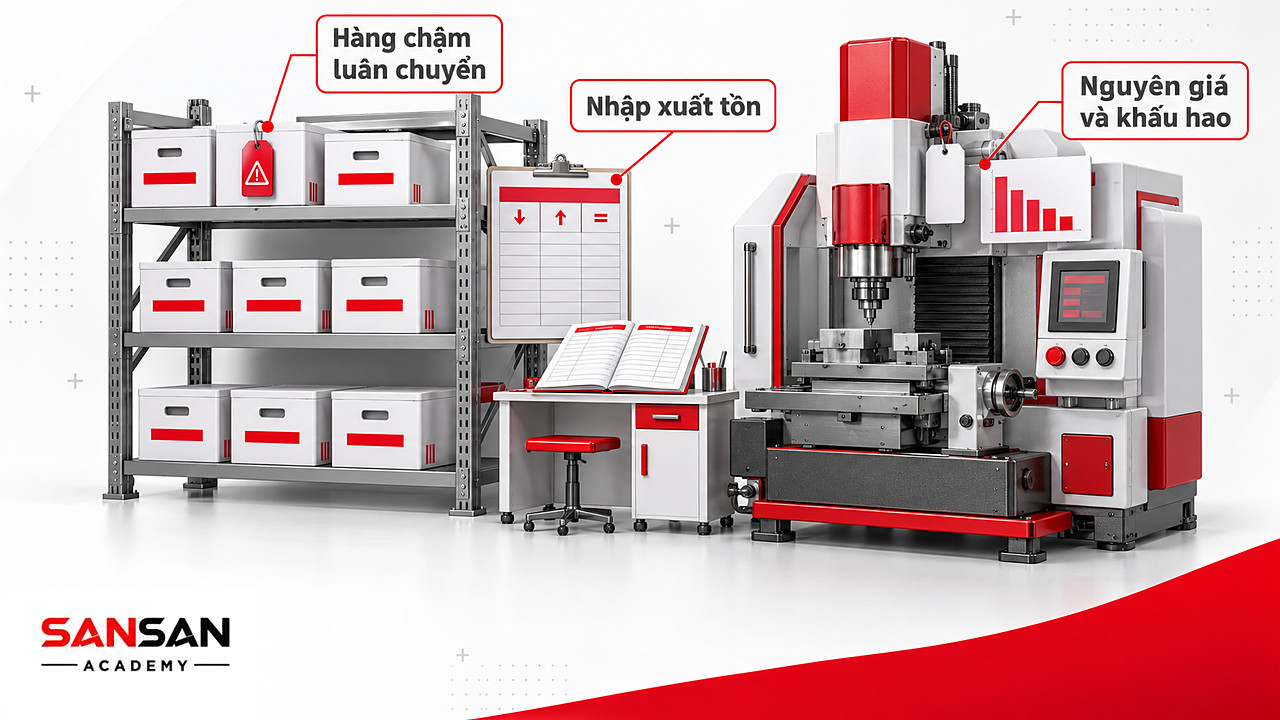 Góc kho thu nhỏ với kệ hàng, thẻ kho và máy móc gắn thẻ tài sản trong kế toán doanh nghiệp