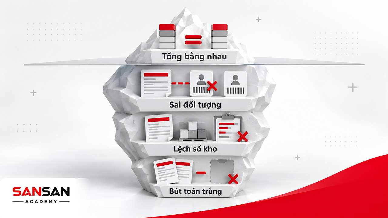 Tảng băng chìm với tổng số khớp ở phần nổi và giao dịch sai ở phần chìm trong kế toán doanh nghiệp