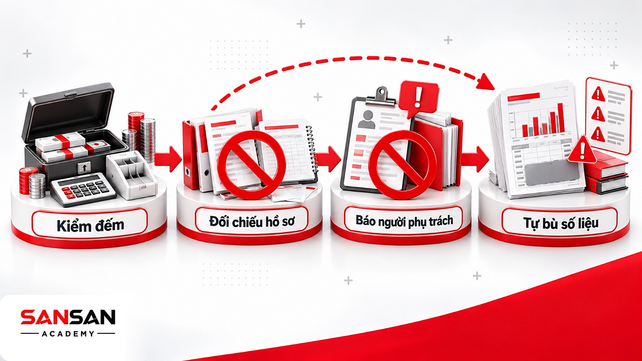 Mũi tên bỏ qua bước đối chiếu và báo cáo khi thiếu quỹ, sai lầm kế toán nội bộ tự bù số liệu cho khớp