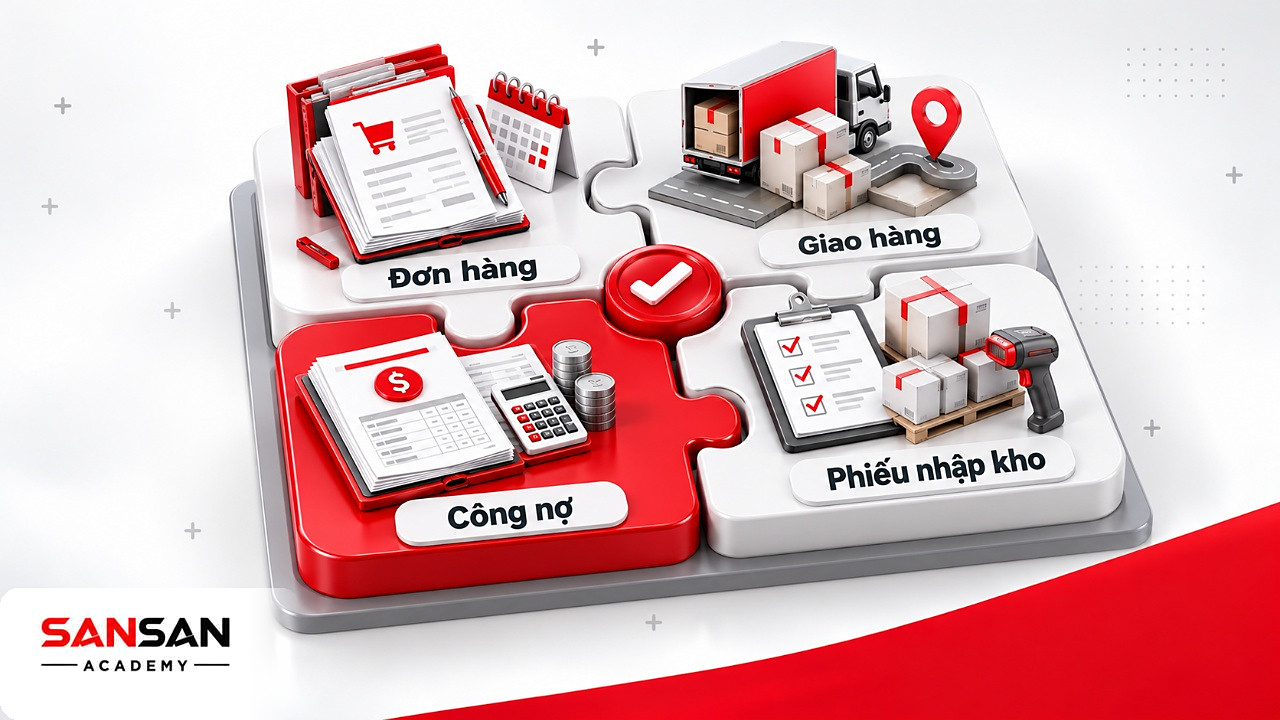 Mảnh ghép đơn hàng, giao hàng, công nợ và phiếu nhập kho mà kế toán nội bộ đối chiếu giữa các bộ phận