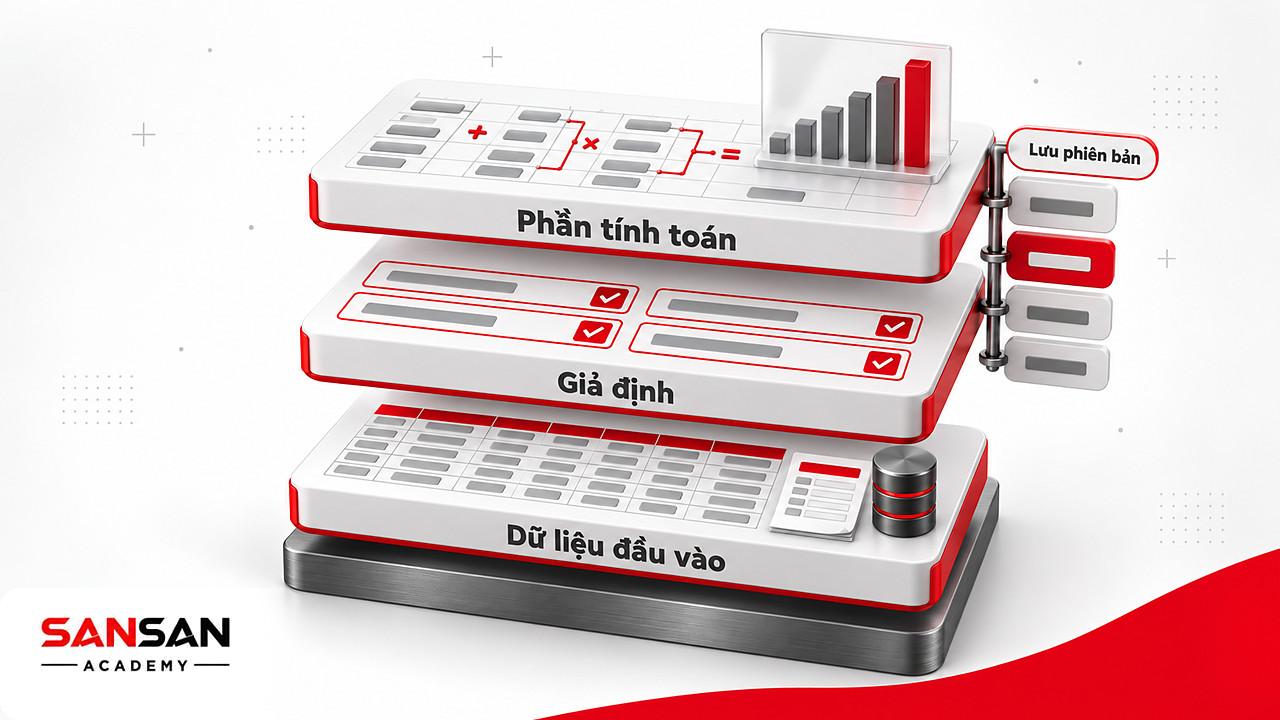 Bảng tính kế toán quản trị tách ba lớp dữ liệu đầu vào, giả định và phần tính toán kèm thẻ phiên bản