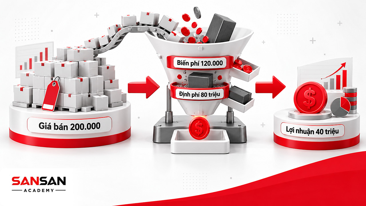 Phễu biến đổi trong kế toán quản trị đưa giá bán qua biến phí và định phí để ra lợi nhuận 40 triệu đồng