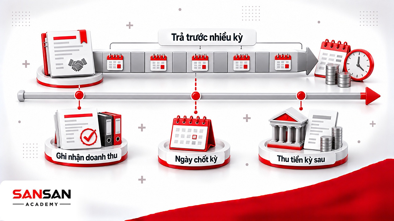 Dòng thời gian cho thấy kế toán tài chính ghi doanh thu kỳ này dù tiền về kỳ sau