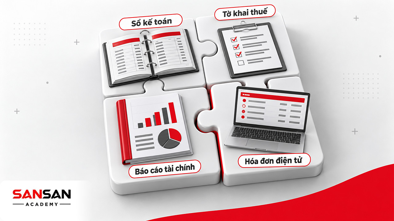 Bốn mảnh ghép sổ kế toán, tờ khai, báo cáo tài chính và hóa đơn điện tử mà kế toán thuế phải đối chiếu