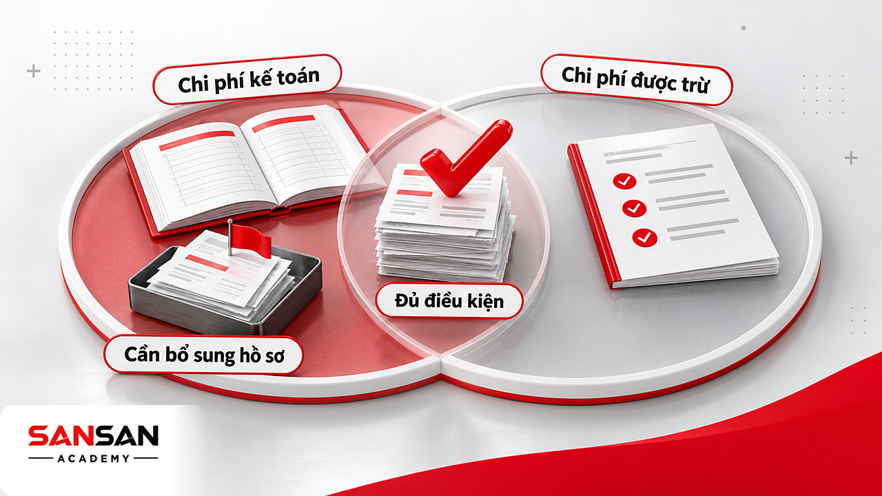 Hai vòng giao nhau trong kế toán thuế tách chi phí kế toán với chi phí được trừ, phần chung là khoản đủ điều kiện