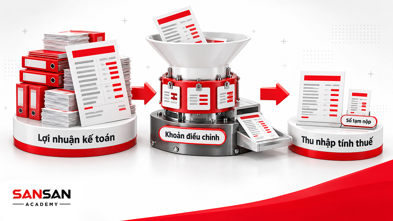 Phễu cho thấy kế toán thuế đưa lợi nhuận kế toán qua các khoản điều chỉnh để ra thu nhập tính thuế