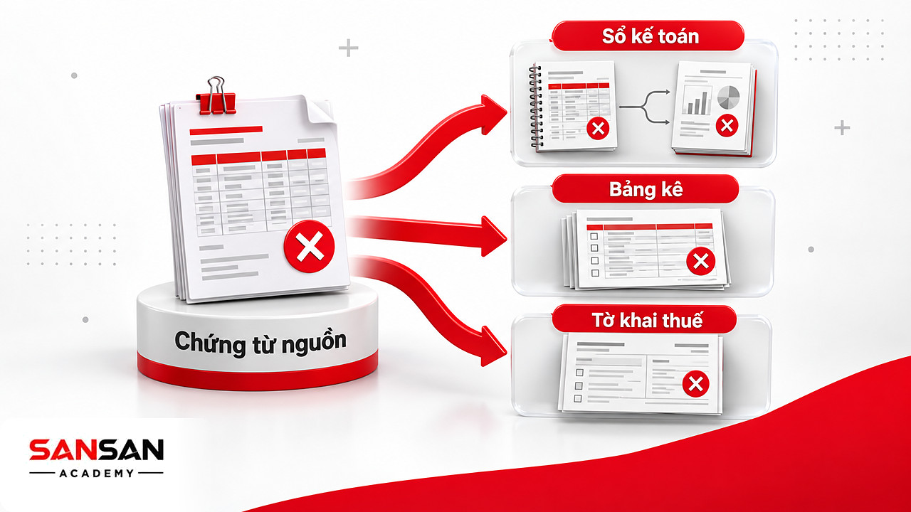 Một chứng từ nguồn sai tỏa nhánh sang sổ kế toán, bảng kê, tờ khai và báo cáo của kế toán thuế