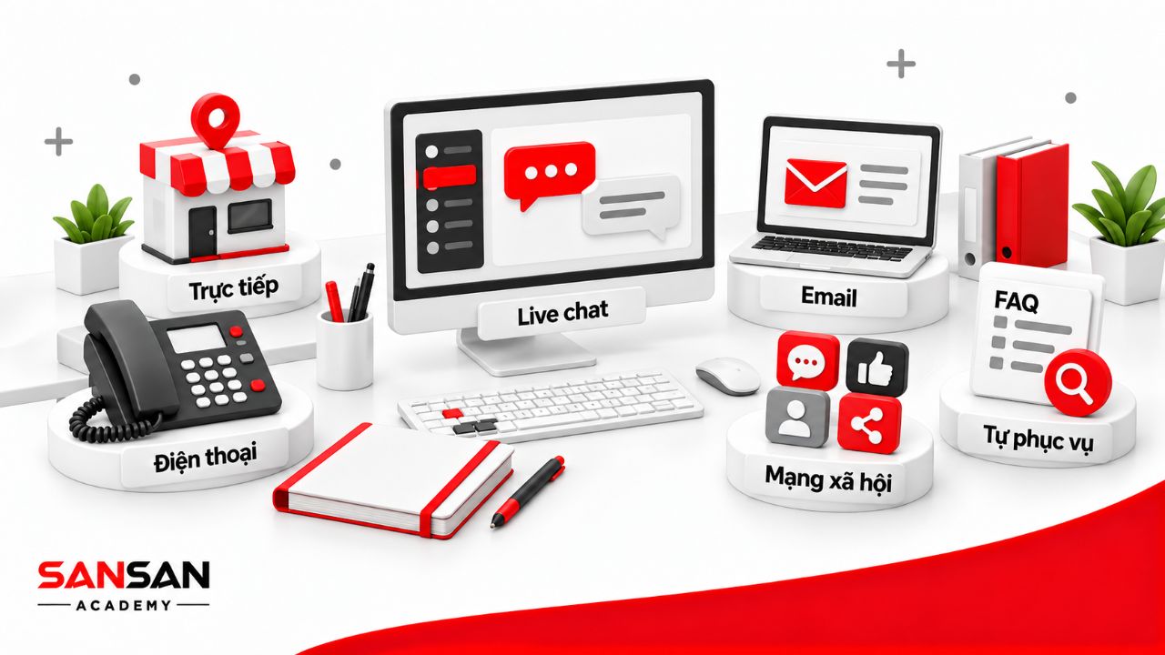 Bàn làm việc tích hợp điện thoại, email, live chat, mạng xã hội, chăm sóc trực tiếp và kênh tự phục vụ